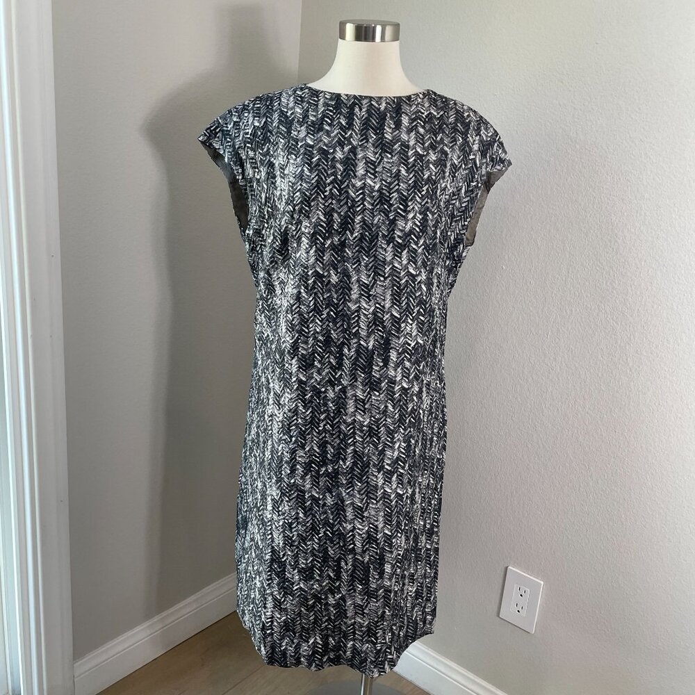ESCADA Womens 44 Granite Herringbone Silk Blend Cap‎ Sleeve Lined Sheath Dress